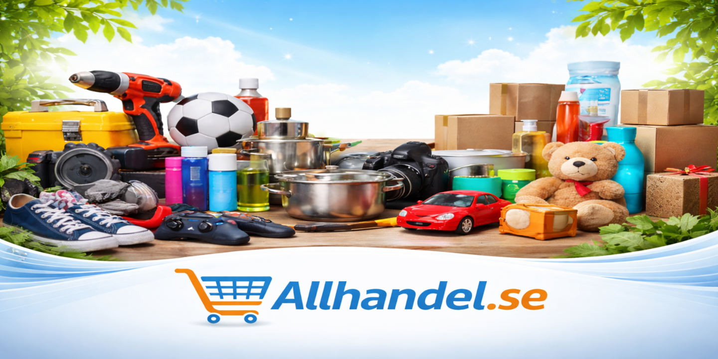 Various items including a teddy bear, camera, and sports ball on a wooden surface with 'Allhandel.se' logo.